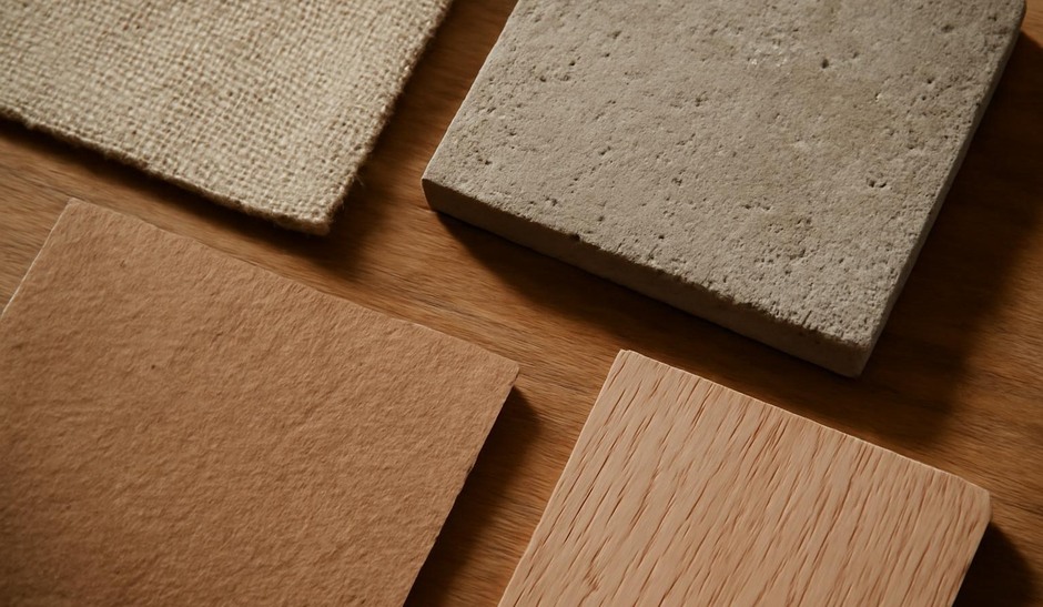 A close-up of varied materials on a tabletop showing texture