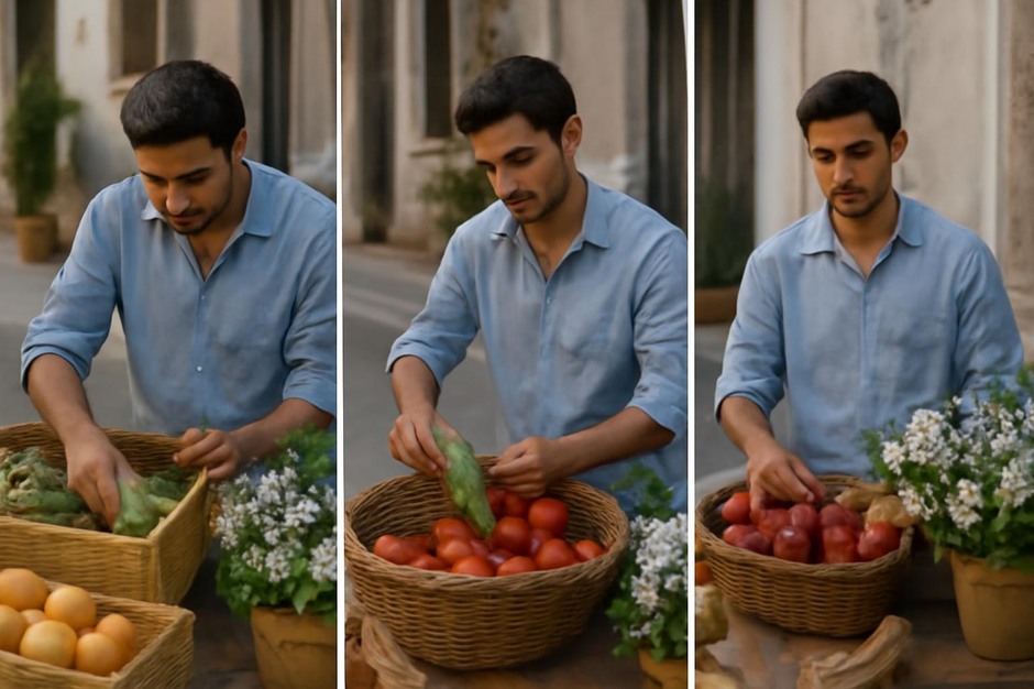 A three-frame sequence of a street vendor arranging goods