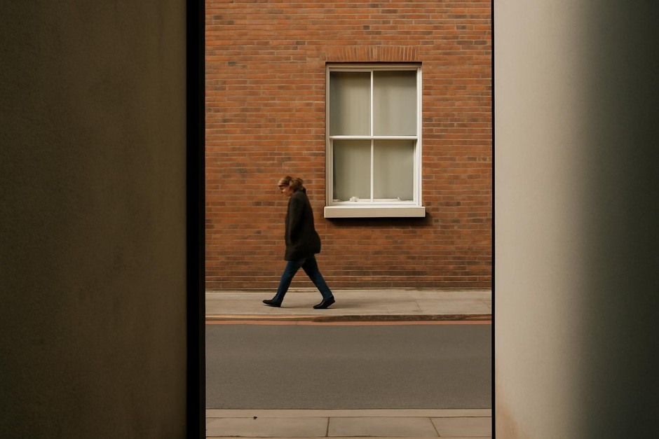 A street scene framed tightly, showing edges and negative space