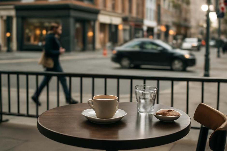 A still life scene of a cafe table with layered background street activity