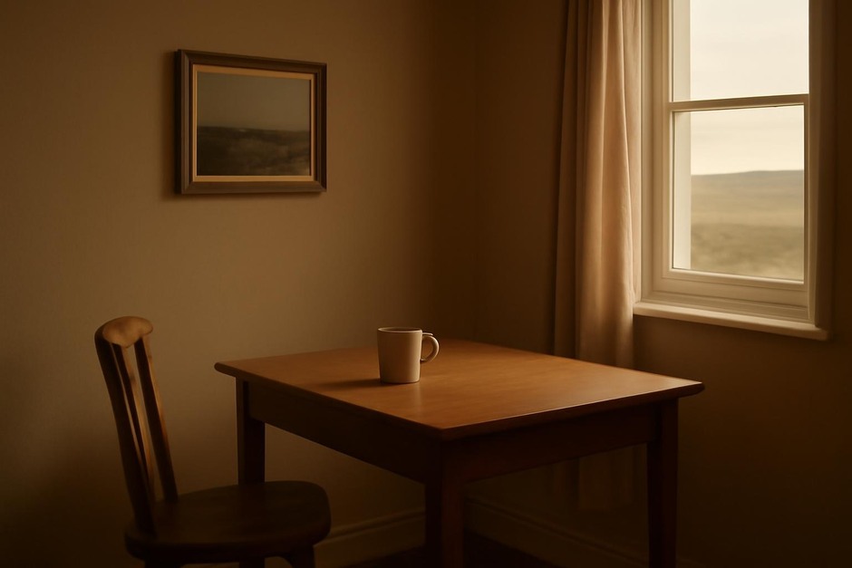 A quiet interior with warm light and limited colour palette