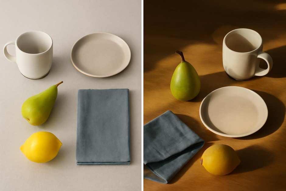 A small tabletop scene shot twice: one arranged by color grid, one discovered in late afternoon light